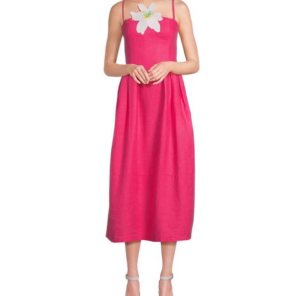Fanm Mon 100% Linen pink Midi Dress with Floral Accent - Picture 1 of 13